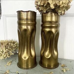 Antique WWI Trench Art Brass Artillery Shell Twisted Base Vases 1915 PAIR